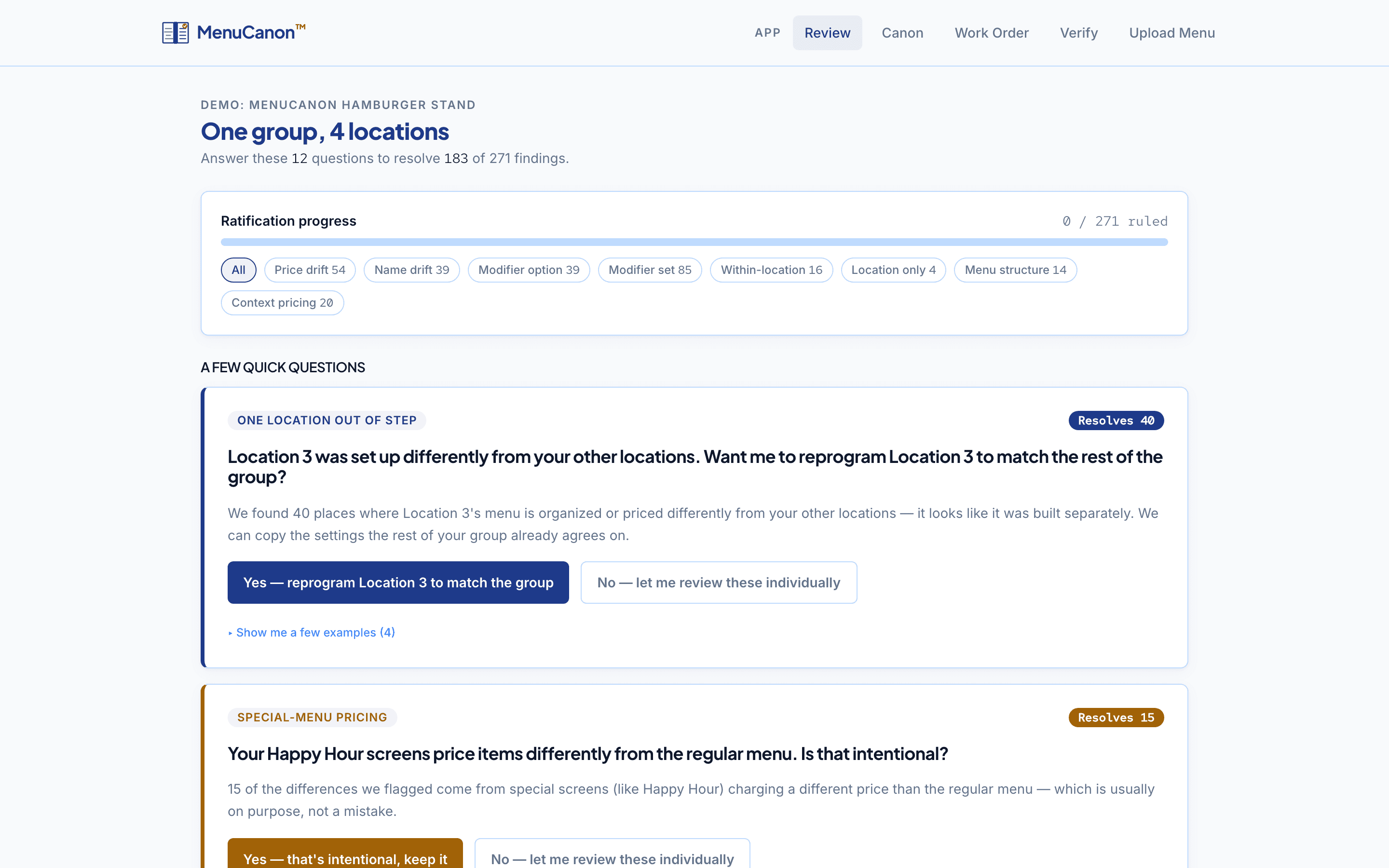 MenuCanon review queue: a group of 4 locations with plain-English questions like 'Location 3 was set up differently from your other locations — reprogram it to match the rest of the group?'